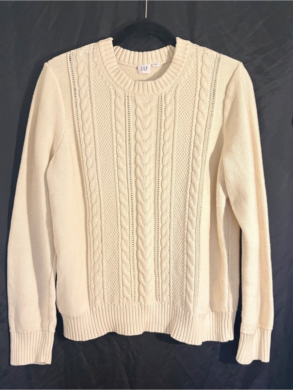 GAP Cable Knit Crewneck Sweater Large Birch Cream 100% Cotton Fisherman Style